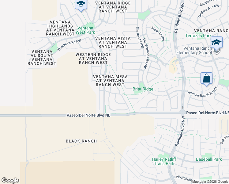 map of restaurants, bars, coffee shops, grocery stores, and more near 7839 Mesa De Oro Road Northwest in Albuquerque