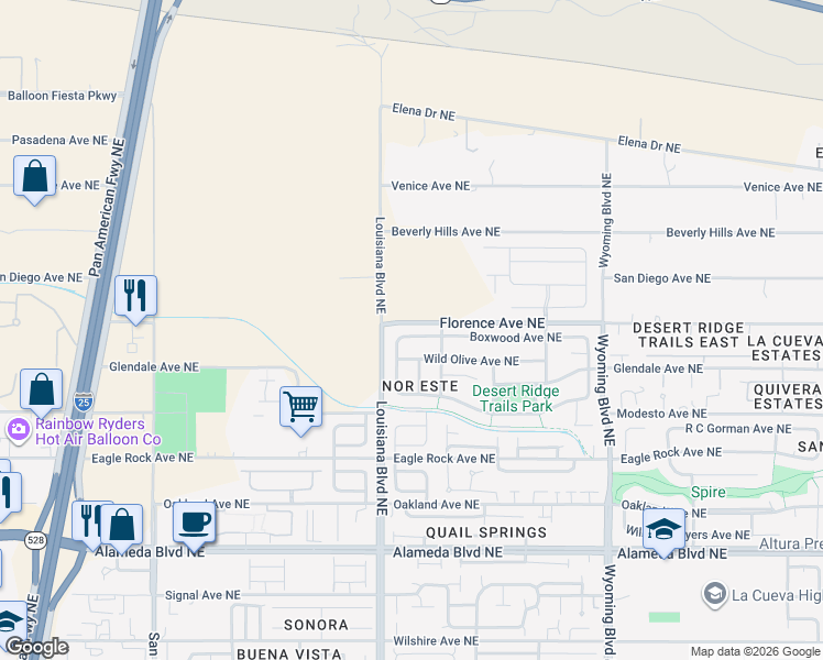 map of restaurants, bars, coffee shops, grocery stores, and more near 7111 Boxwood Avenue Northeast in Albuquerque