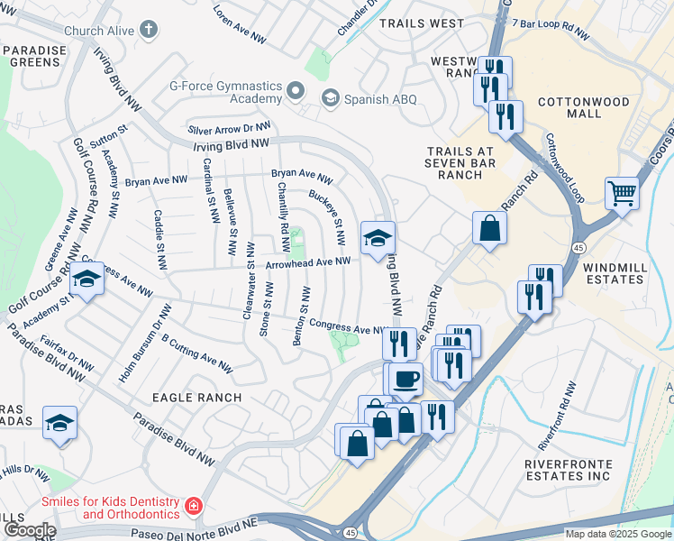 map of restaurants, bars, coffee shops, grocery stores, and more near 9841 Buckeye Street Northwest in Albuquerque