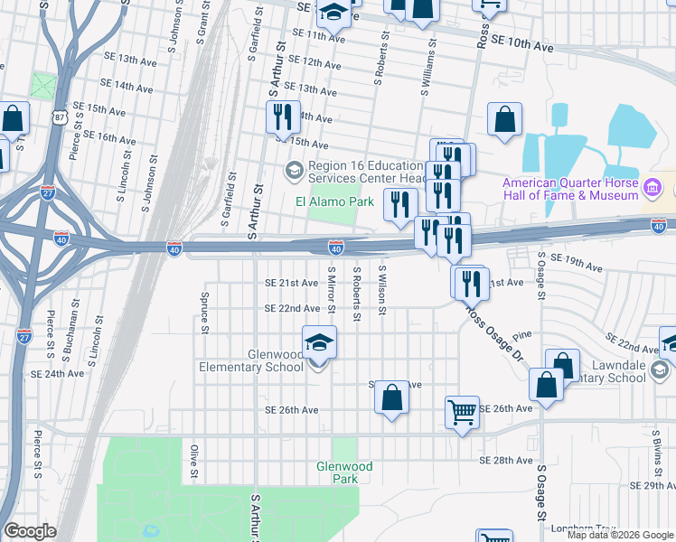 map of restaurants, bars, coffee shops, grocery stores, and more near 2007 South Mirror Street in Amarillo