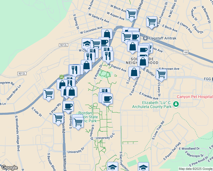 map of restaurants, bars, coffee shops, grocery stores, and more near Osborn Drive in Flagstaff