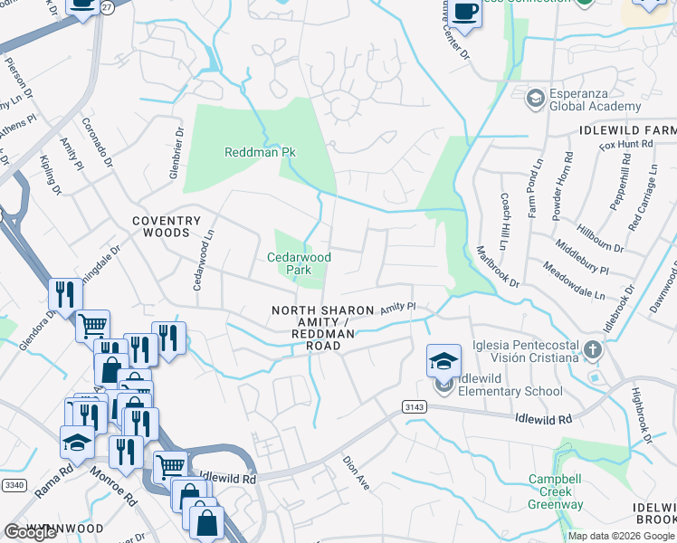map of restaurants, bars, coffee shops, grocery stores, and more near 6636 Piney Path Road in Charlotte