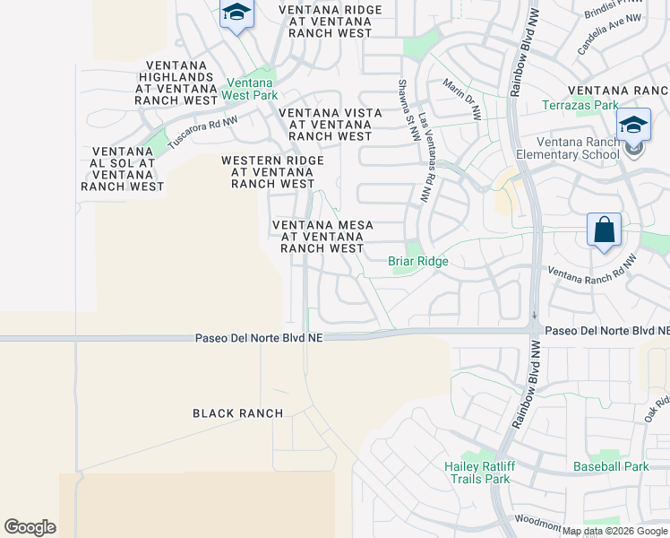 map of restaurants, bars, coffee shops, grocery stores, and more near 7839 Mesa De Oro Road Northwest in Albuquerque