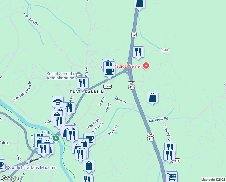 map of restaurants, bars, coffee shops, grocery stores, and more near State Road 1510 in Franklin