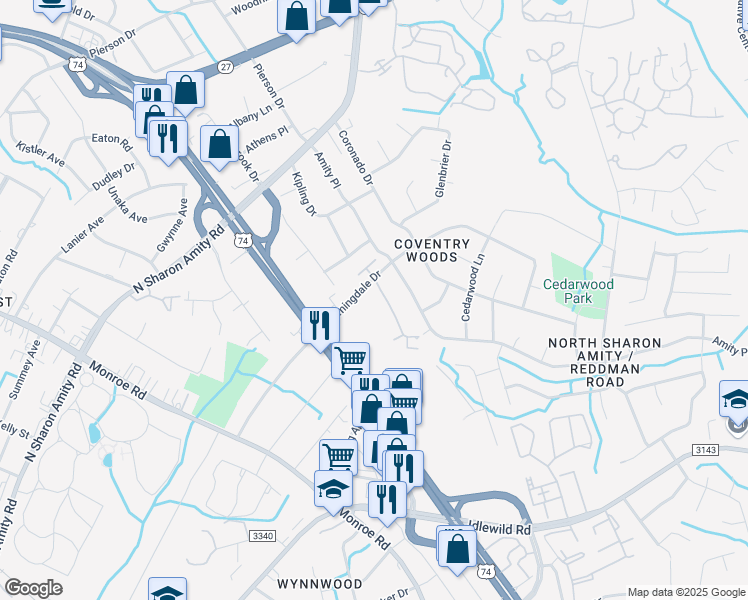 map of restaurants, bars, coffee shops, grocery stores, and more near 4626 Old Lantern Way in Charlotte