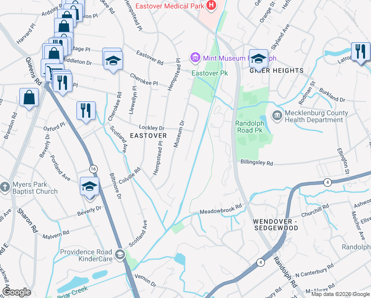 map of restaurants, bars, coffee shops, grocery stores, and more near 808 Hungerford Place in Charlotte