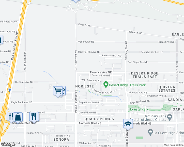 map of restaurants, bars, coffee shops, grocery stores, and more near 7209 Boxwood Avenue Northeast in Albuquerque