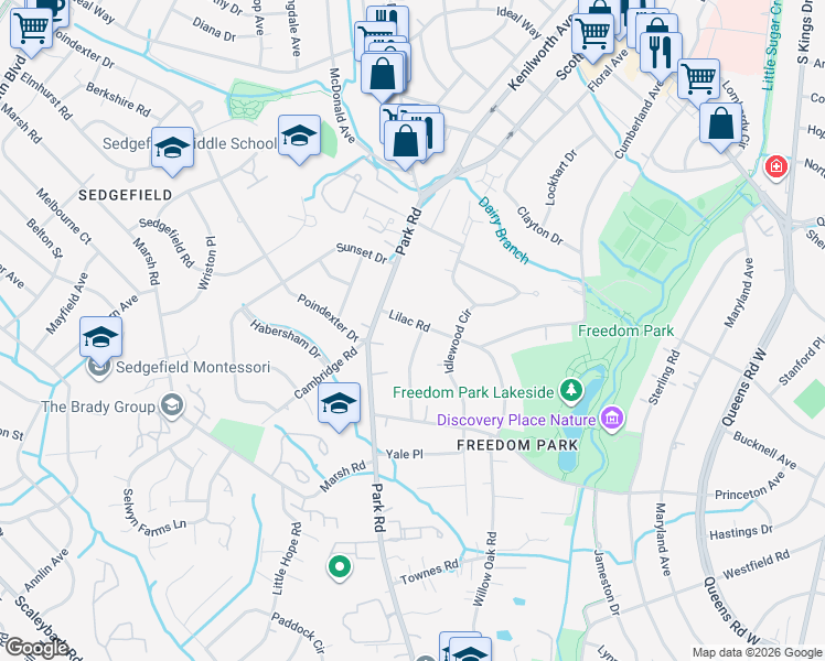 map of restaurants, bars, coffee shops, grocery stores, and more near 2900 Somerset Drive in Charlotte