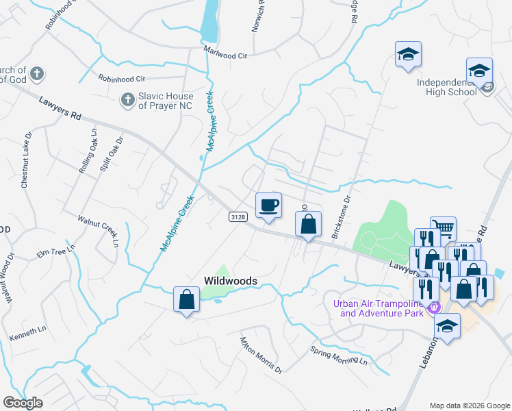 map of restaurants, bars, coffee shops, grocery stores, and more near 8413 Rust Wood Place in Charlotte