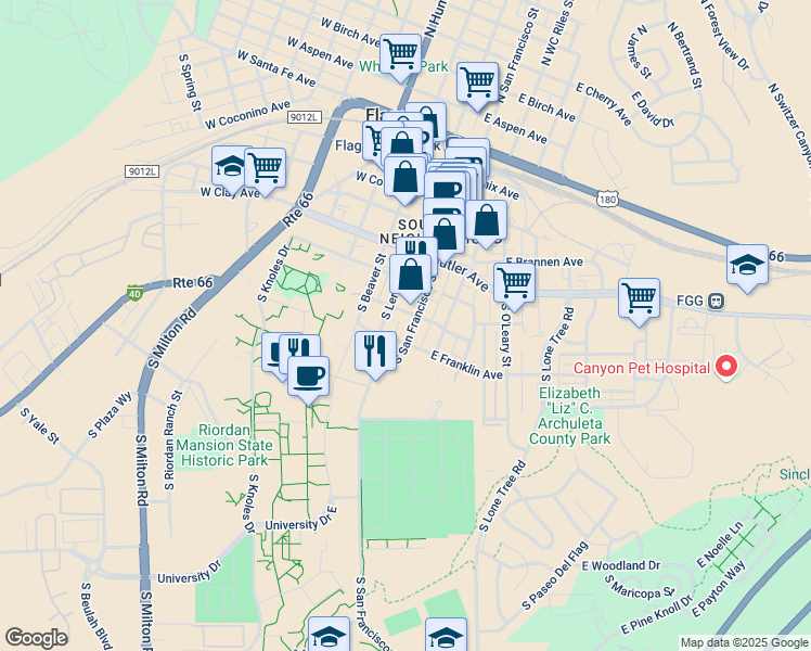 map of restaurants, bars, coffee shops, grocery stores, and more near 505 South San Francisco Street in Flagstaff