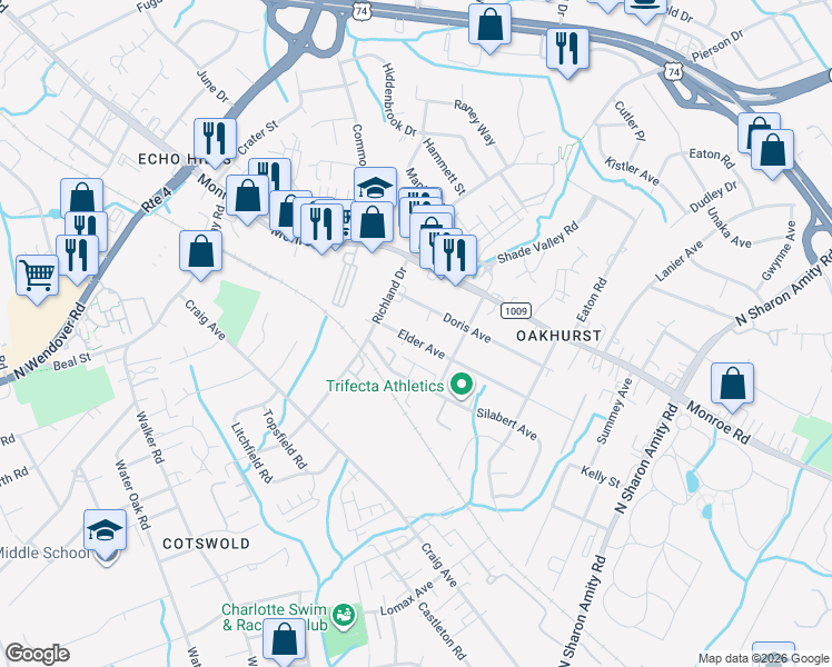 map of restaurants, bars, coffee shops, grocery stores, and more near 4735 Elder Avenue in Charlotte