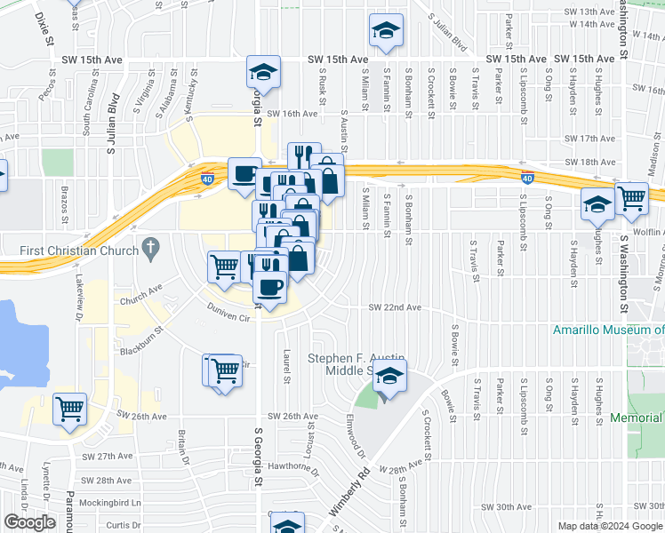 map of restaurants, bars, coffee shops, grocery stores, and more near 2028 South Austin Street in Amarillo