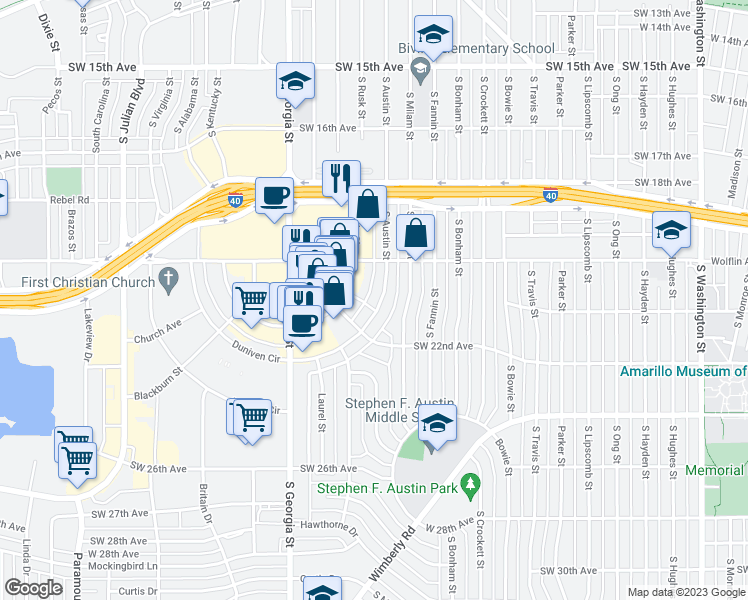 map of restaurants, bars, coffee shops, grocery stores, and more near 2026 South Austin Street in Amarillo