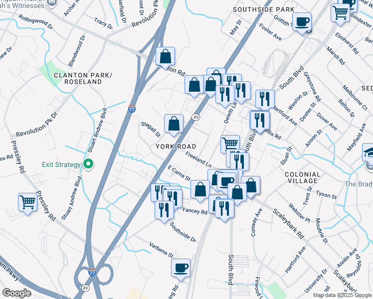 map of restaurants, bars, coffee shops, grocery stores, and more near in Charlotte