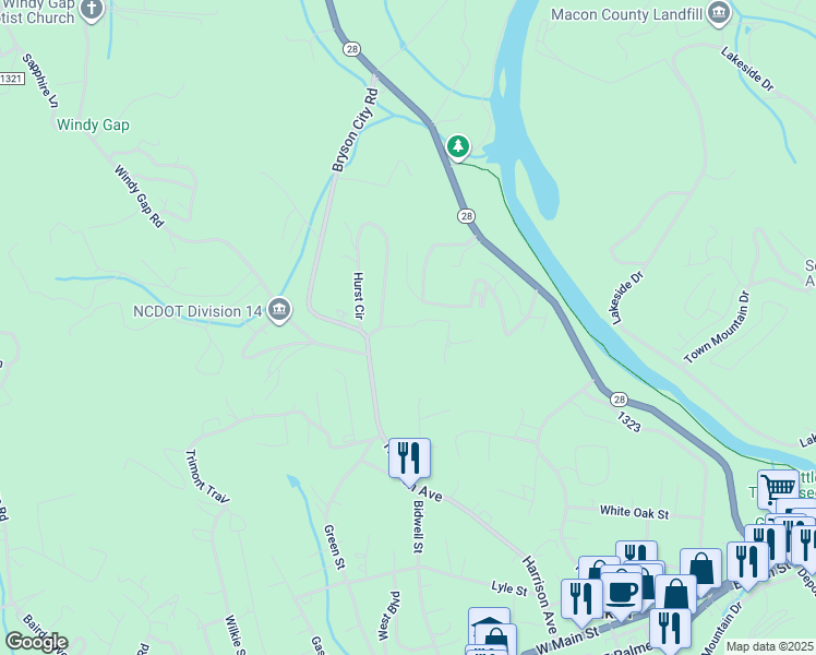 map of restaurants, bars, coffee shops, grocery stores, and more near Mashburn Street in Franklin