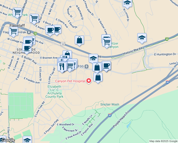 map of restaurants, bars, coffee shops, grocery stores, and more near 201 South River Run Road in Flagstaff