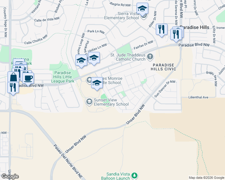 map of restaurants, bars, coffee shops, grocery stores, and more near 6028 Jagged Peak Road Northwest in Albuquerque