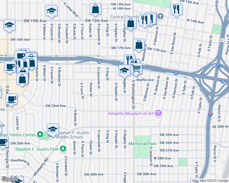 map of restaurants, bars, coffee shops, grocery stores, and more near 2042 South Hayden Street in Amarillo