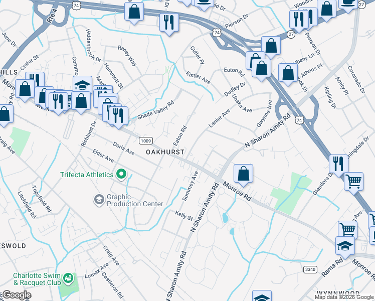 map of restaurants, bars, coffee shops, grocery stores, and more near 5109 Monroe Road in Charlotte