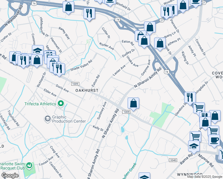 map of restaurants, bars, coffee shops, grocery stores, and more near 2029 Mandarin Boulevard in Charlotte