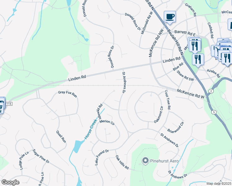 map of restaurants, bars, coffee shops, grocery stores, and more near 30 Idlewild Road in Pinehurst