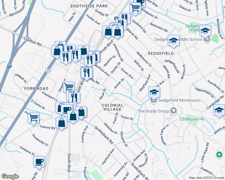map of restaurants, bars, coffee shops, grocery stores, and more near 3440 Anson Street in Charlotte