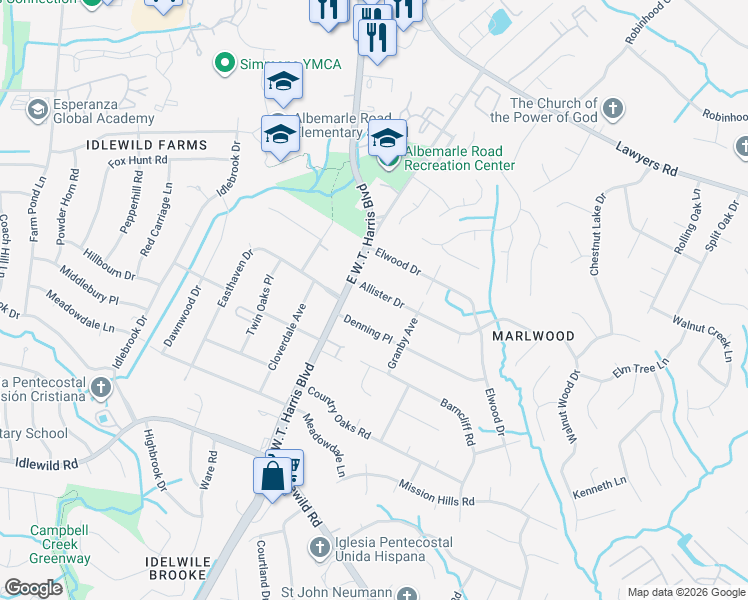 map of restaurants, bars, coffee shops, grocery stores, and more near 624 Allister Drive in Charlotte