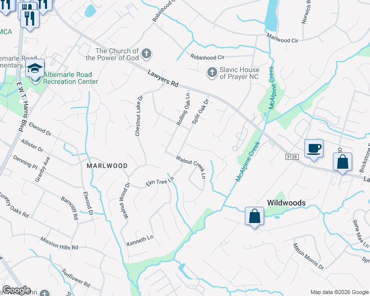 map of restaurants, bars, coffee shops, grocery stores, and more near 5024 Split Oak Drive in Charlotte
