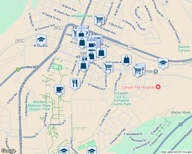 map of restaurants, bars, coffee shops, grocery stores, and more near 424 South WC Riles Drive in Flagstaff