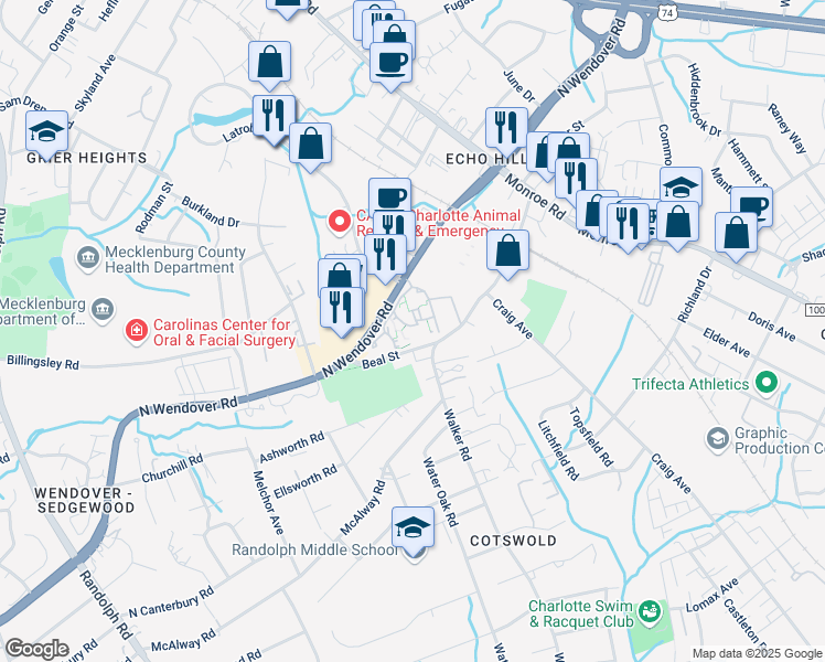 map of restaurants, bars, coffee shops, grocery stores, and more near 928 North Wendover Road in Charlotte