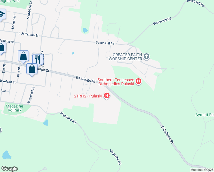 map of restaurants, bars, coffee shops, grocery stores, and more near 1264 Fayetteville Highway in Pulaski