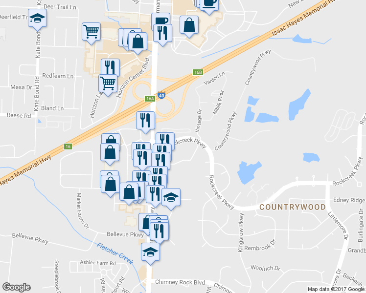 map of restaurants, bars, coffee shops, grocery stores, and more near 2416 East End Row in Memphis