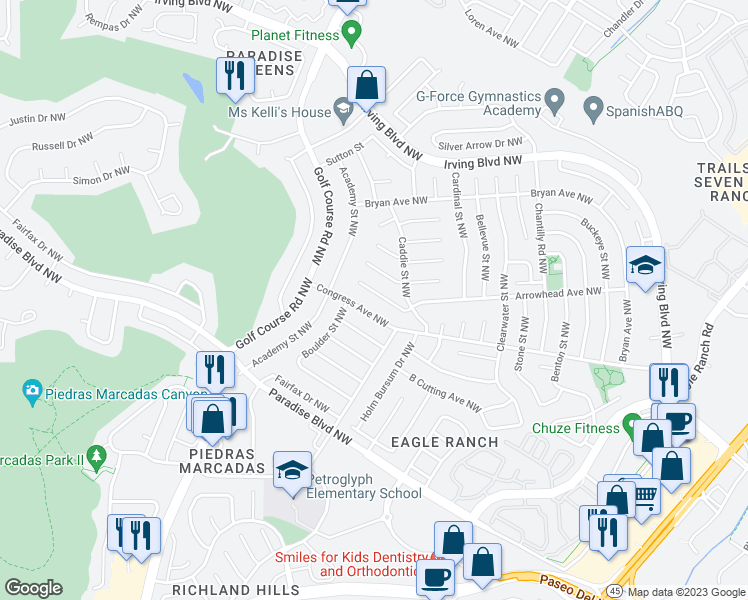 map of restaurants, bars, coffee shops, grocery stores, and more near 4628 Allegheny Court Northwest in Albuquerque