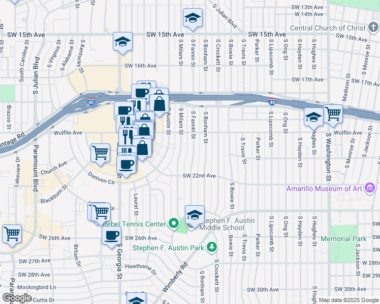 map of restaurants, bars, coffee shops, grocery stores, and more near 2014 South Fannin Street in Amarillo