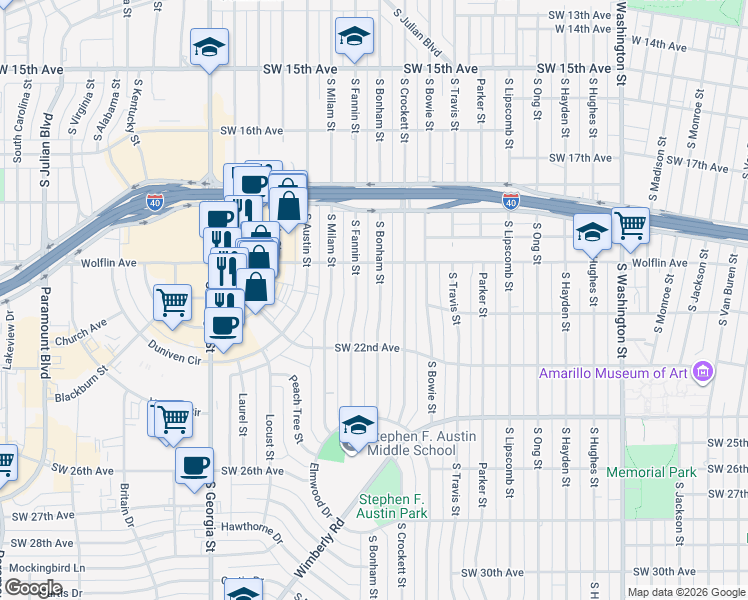 map of restaurants, bars, coffee shops, grocery stores, and more near 2014 South Bonham Street in Amarillo