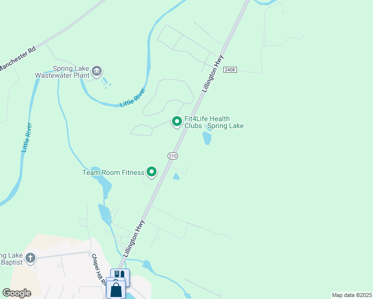 map of restaurants, bars, coffee shops, grocery stores, and more near 1518 Lillington Highway in Spring Lake