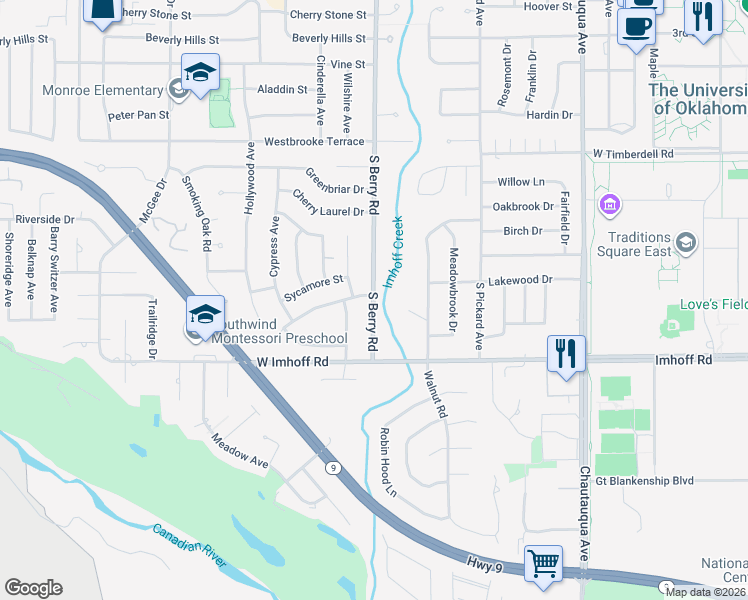 map of restaurants, bars, coffee shops, grocery stores, and more near 2702 S Berry Rd in Norman