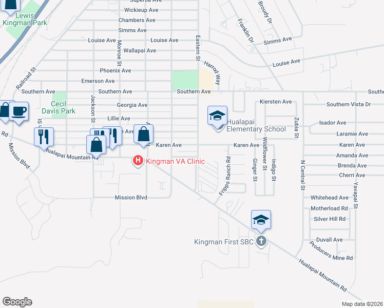 map of restaurants, bars, coffee shops, grocery stores, and more near 2839 Margaret Avenue in Kingman