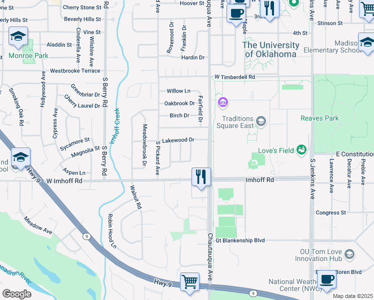 map of restaurants, bars, coffee shops, grocery stores, and more near 2716 Fairfield Drive in Norman