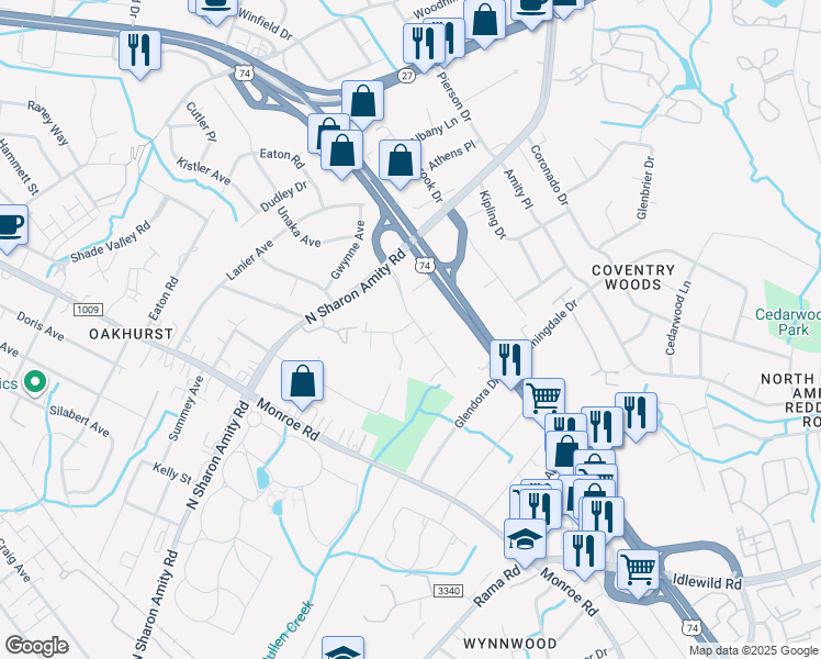 map of restaurants, bars, coffee shops, grocery stores, and more near 4800 Charleston Drive in Charlotte