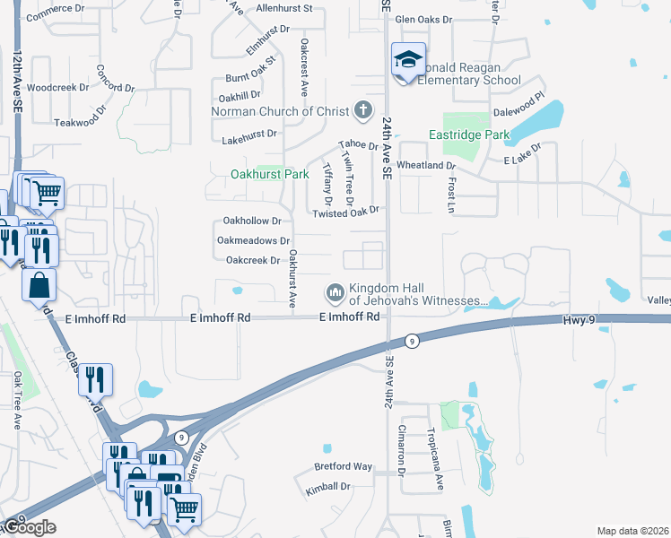 map of restaurants, bars, coffee shops, grocery stores, and more near 2207 Whiteoak Cir in Norman
