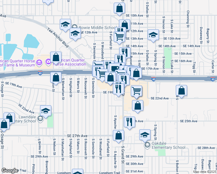 map of restaurants, bars, coffee shops, grocery stores, and more near 3510 Interstate 40 East in Amarillo