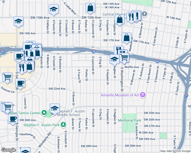 map of restaurants, bars, coffee shops, grocery stores, and more near 2039 South Lipscomb Street in Amarillo