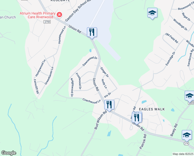 map of restaurants, bars, coffee shops, grocery stores, and more near 4411 Union Road in Gastonia