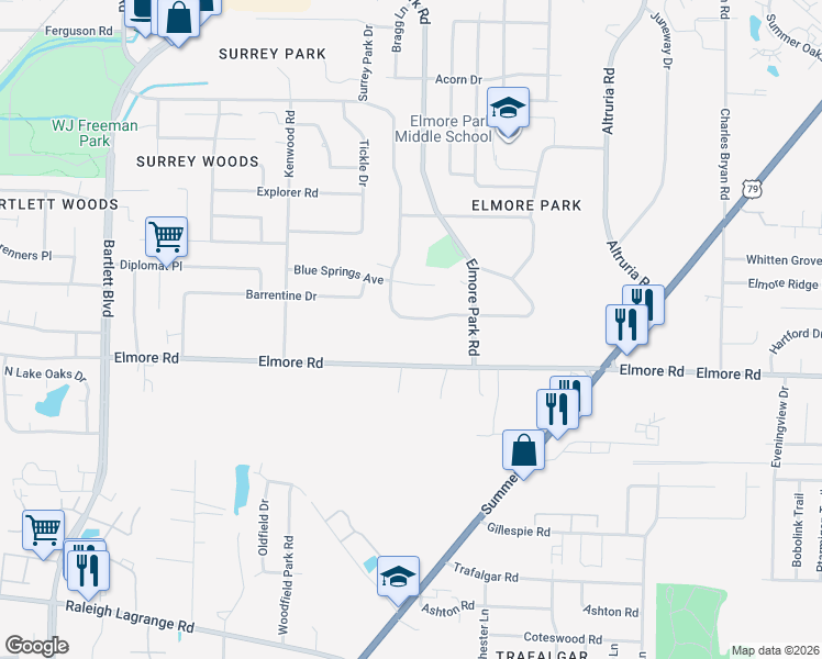 map of restaurants, bars, coffee shops, grocery stores, and more near 6219 Ivanhoe Road in Memphis