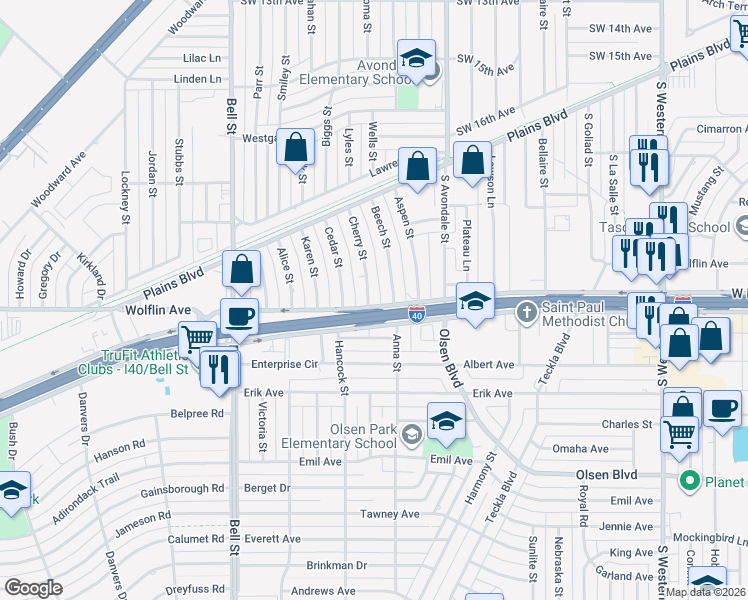 map of restaurants, bars, coffee shops, grocery stores, and more near 1937 Cherry Street in Amarillo