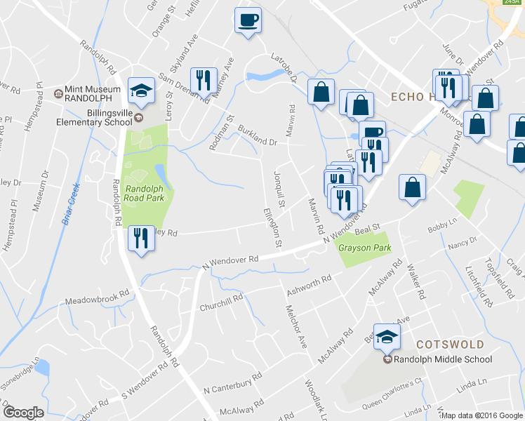 map of restaurants, bars, coffee shops, grocery stores, and more near 3612 Ellington Street in Charlotte