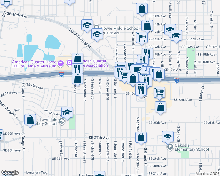 map of restaurants, bars, coffee shops, grocery stores, and more near 1717 South Roosevelt Street in Amarillo