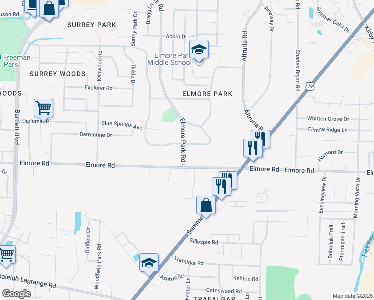 map of restaurants, bars, coffee shops, grocery stores, and more near 2424 Elmore Park Road in Bartlett