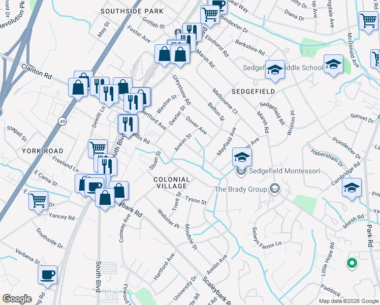 map of restaurants, bars, coffee shops, grocery stores, and more near 420 Hartford Avenue in Charlotte